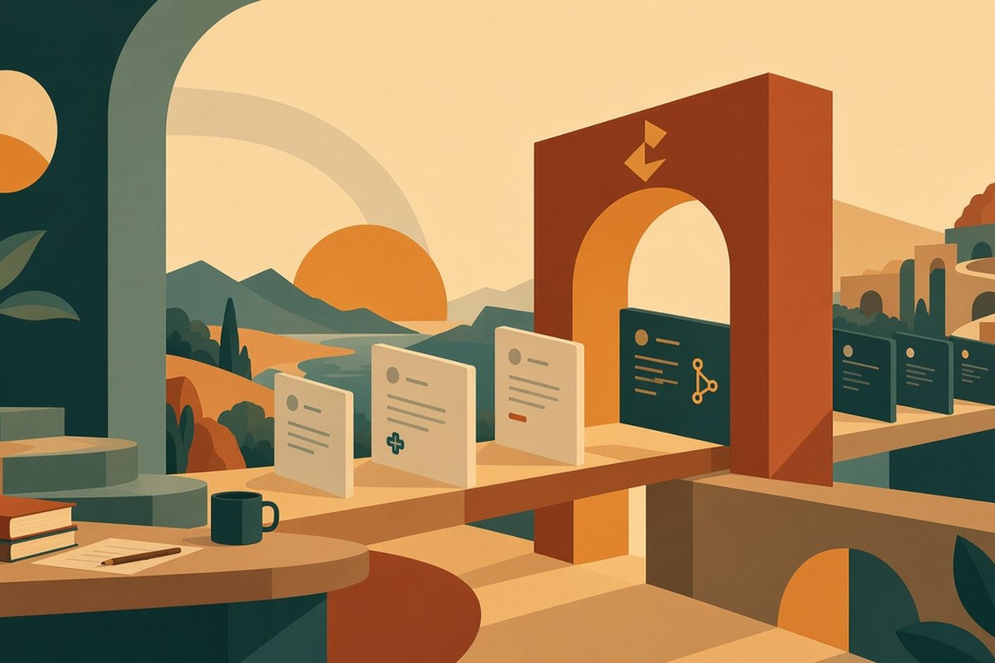 Warm Geo: een rij lichte kaarten gaat door een terracotta boog en komt er donker uit, tegen heuvels, een rivier en de zon. Vooraan een bureau met boeken en een mok.