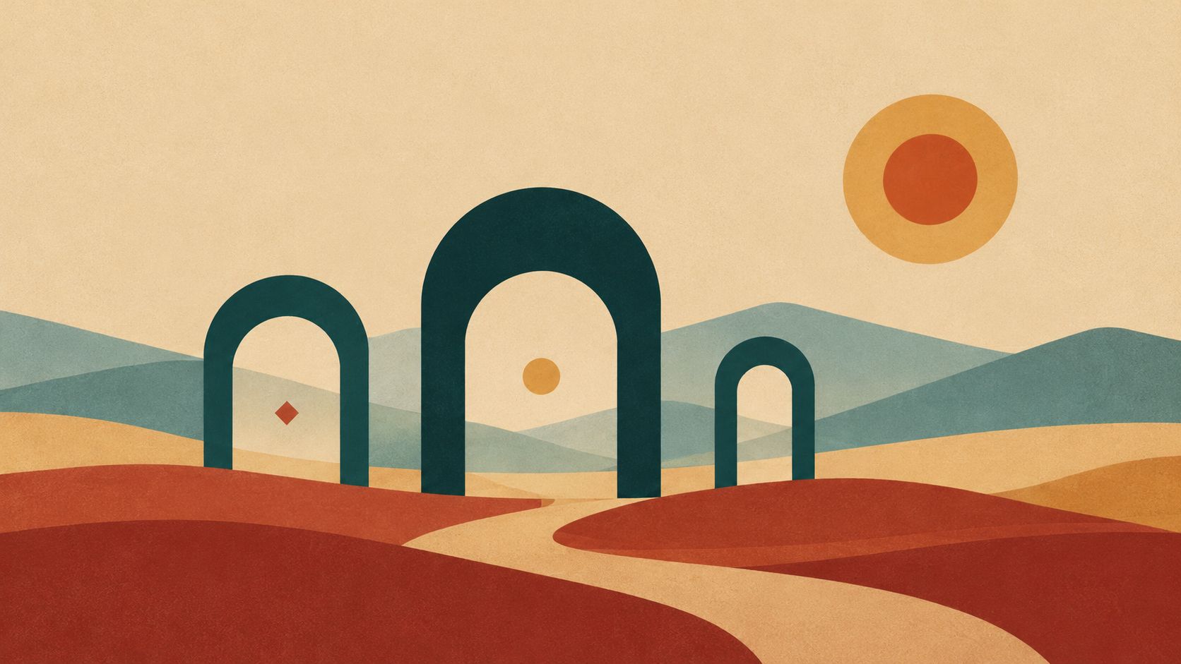 Warm Geo: drie bogen op één horizon, met de zon erboven en een pad ernaartoe.