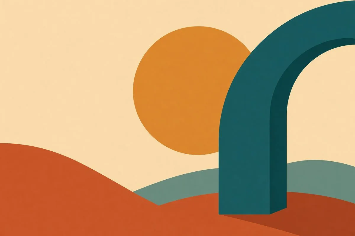 Warm Geo-landschap: een diepteal gewelf, een okergele zon, terracotta terrein.